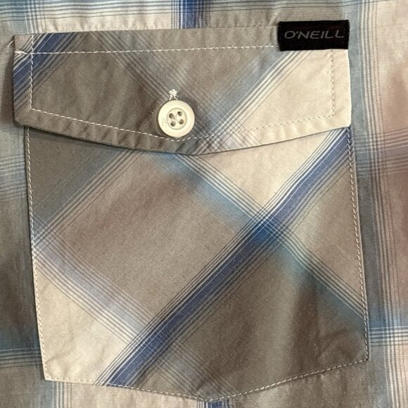 O'Neill Short Sleeve Cotton Blend Shirt Medium Gray Blue & White Button-Up - Picture 5 of 5